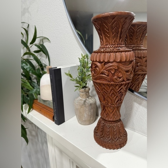Other - Vintage tall hand‎ carved wood India pedestal candle holder